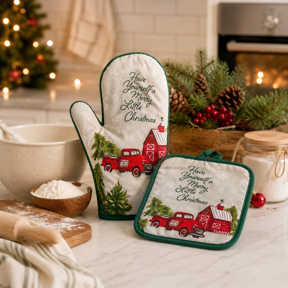Christmas Oven Mitt Pot Holder Set Red Truck Tree Farm Merry Little Christmas